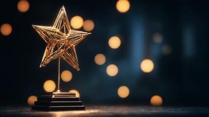 A golden wireframe star trophy atop a stepped pedestal, glowing amid warm, blurred lights; ceremony - Powered by Adobe