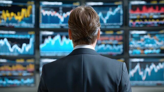 Mastering the Market: A focused individual in a professional suit gazes intently at multiple screens displaying intricate financial data, embodying the dynamic realm of investment and trading.