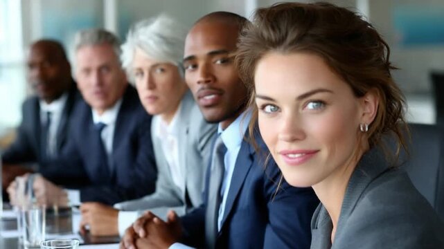 Corporate Consensus: A united group of professionals, seated at a meeting table. The composition captures the group's unwavering focus, reflecting the spirit of teamwork, collaboration.