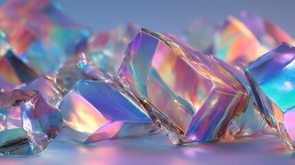 Dynamic layered frosted shards overlapping under holographic illumination shimmering prismatic gradients flowing seamlessly across surfaces balanced framing emphasizing