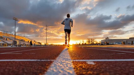 Run Towards Sunset: A solitary runner sprints towards the horizon on a vibrant track, with the setting sun as his backdrop. Capture the determination and the promise of new beginnings.