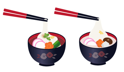 日本のお正月料理/関東風・関西風のお雑煮の餅を掴んでいるイラストセット