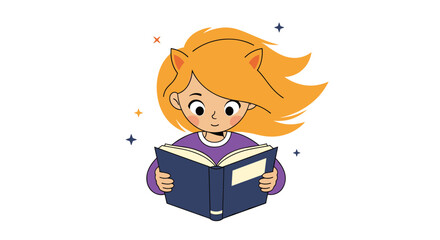 Adorable girl with whimsical cat ears happily reading an open book, symbolizing childhood wonder, imagination, and a love for reading.