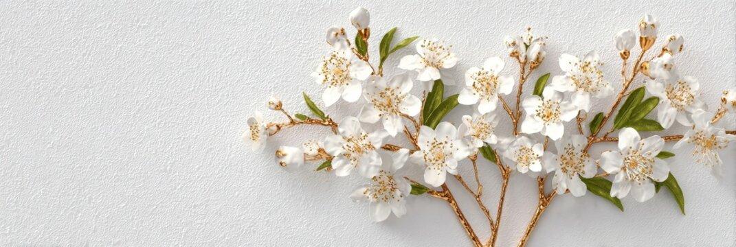 Elegant White Blossoms with Golden Accents in a Luxurious Floral Design Against a Textured Backdrop - Powered by Adobe
