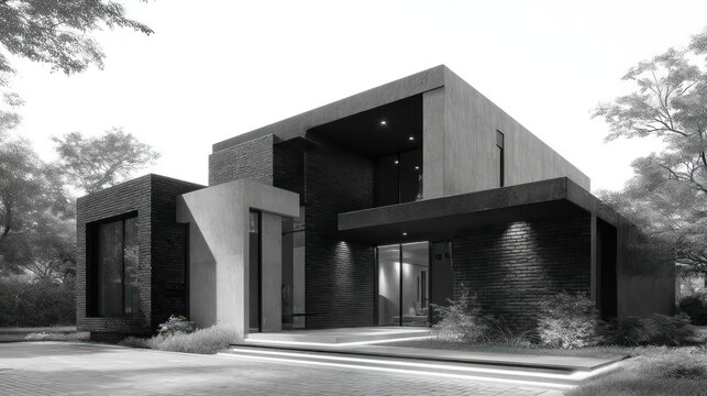 Dual-wing home in brushed aluminum and textured black brick harsh side light producing strong shadows on angular walls