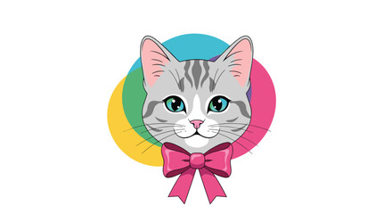 Charming gray cat face with bright blue eyes and a cute pink bow, set against a vibrant, colorful abstract background.