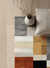Abstract rug, vase, and pillow on light wood floors, top view