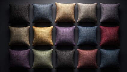 Pillows in many colors, textured fabric, even arrangement