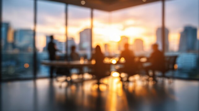 Blurred silhouette of a corporate business team meeting in a modern skyscraper office during sunset