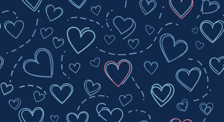 Charming seamless pattern featuring outlined hearts on a dark blue background, ideal for romantic and loving themes.