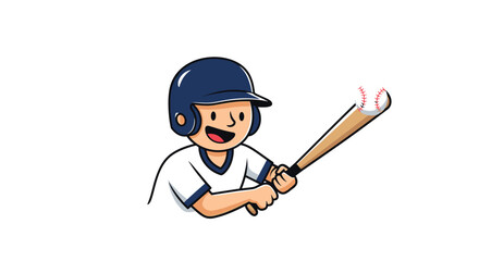 Happy cartoon boy enthusiastically playing baseball, swinging a bat at a ball, symbolizing sports, fun, and childhood activity.