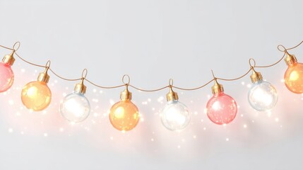 A string of illuminated decorative bulbs hangs horizontally against a light gray background showing warm pink orange and