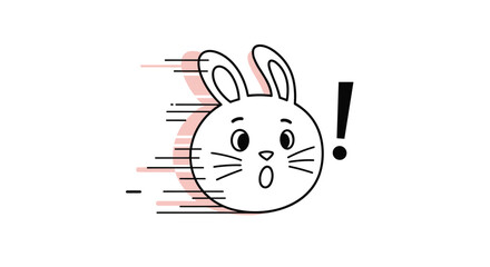 Energetic cartoon rabbit face with speed lines and an exclamation mark, conveying surprise, urgency, and fast movement.