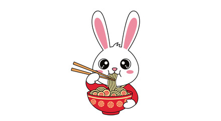 Adorable rabbit character happily eating a bowl of ramen noodles with chopsticks, showcasing a cute and cultural culinary experience.