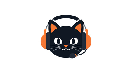 Cute black cat wearing a gaming headset with a microphone, representing online gaming, communication, and digital entertainment.