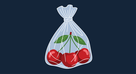 Fresh red cherries neatly packaged in a transparent plastic bag, symbolizing organic fruit, freshness, and healthy snack options.