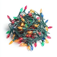 Studio shot of brightly colored tangled Christmas lights bunched together with green wiring against a pure white