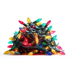 A tangled bundle of traditional multi colored Christmas string lights featuring red green yellow and blue bulbs Isolated