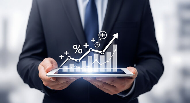 A businessman holding a tablet displaying an upward trending bar graph with percentage symbols