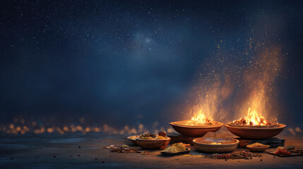 Traditional Lohri bonfire with offerings in wooden bowls, warm glowing flames under starry night sky, copy space,