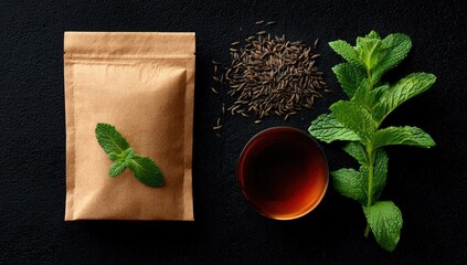 Herbal tea ingredients bag, seeds, mint, & cup