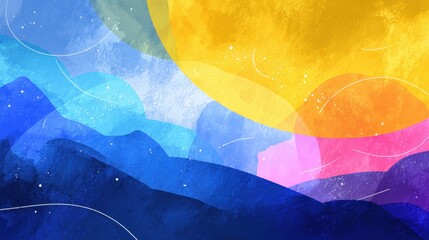 Abstract watercolor style background with layered blue hills vibrant yellow sun and pink accents