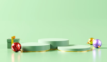 Christmas new year product display podium showcase stand with ornaments and gift. 3D rendering