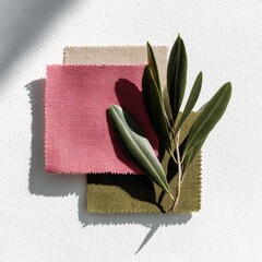 Fabric swatches with olive branch on textured white surface