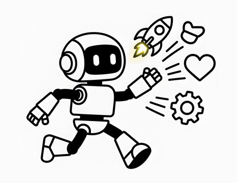 Cute line art robot running dynamically and launching digital campaign icons, including a rocket, gear, and heart.
