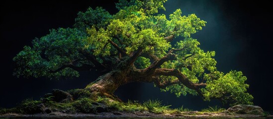 Lit tree, mossy base, dark backdrop