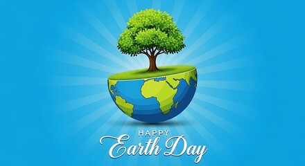 Happy earth day with globe and tree, environmental awareness illustration on blue background, ecology and nature conservation - [152 chars]