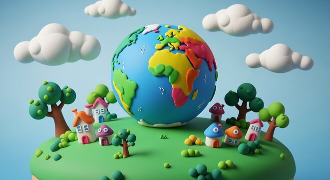 Globe model with houses, trees, and clouds, rendered in vibrant clay, depicts a sustainable, earth-friendly community, and a positive outlook (152) - Powered by Adobe