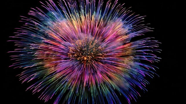 Close up view of a large brilliant fireworks explosion featuring magenta purple and gold colors against black background