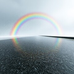 Obraz premium A vibrant rainbow arches over a wet dark asphalt road stretching into the distance under a bright overcast sky