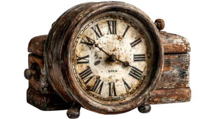Antique Wooden Clock, isolated on transparent background
