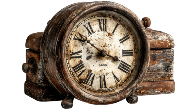 Antique Wooden Clock, isolated on transparent background