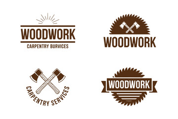 A collection of four distinct logo designs for woodwork and carpentry services, featuring saws and axes.