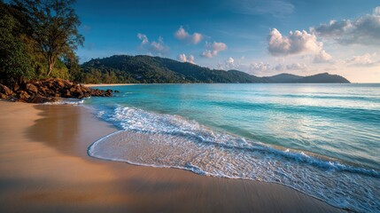 Paisaje insular y montaÃ±oso: horizonte dorado, aguas tranquilas y naturaleza exuberante
