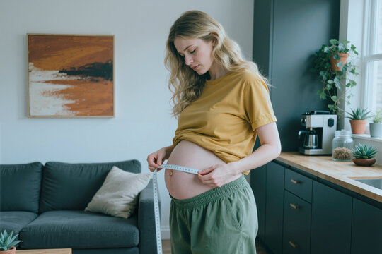 young woman measuring pregnant belly with measuring tape standing in modern kitchen, focusing on prenatal health and medical care during pregnancy