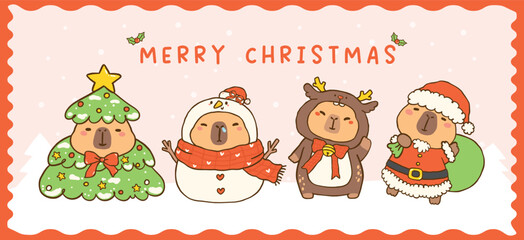 Kawaii Christmas Capybaras in Costumes, Santa Claus, Snowman, reindeer, Christmas Tree, Cute vibrant hand drawn doodle Greeting Card Printable