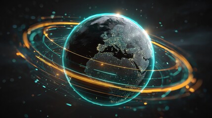 Obraz premium Futuristic digital globe with glowing rings and data particles, representing connectivity.