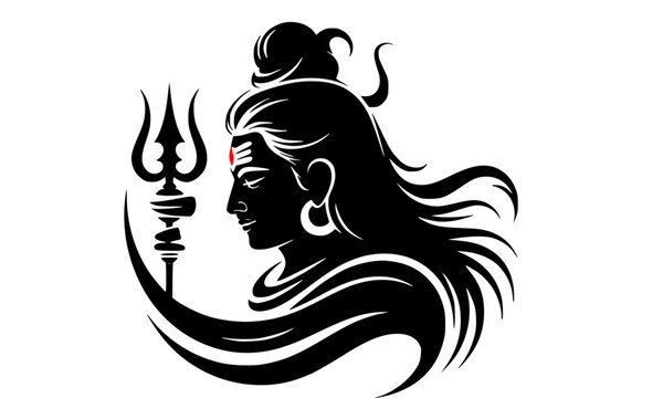 Lord Shiva Profile View with Flowing Hair, Holding Trident (Trishula) Icon, Dynamic Black and White Vector Graphic with Red Third Eye Bindi, Hindu God Logo, Mythology, Spirituality, Indian Art