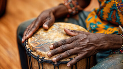African hands playing traditional djembe drum rhythm