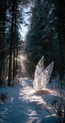 Crystal sculpture glows in snow amidst tall, dark, trees