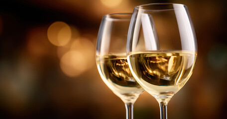 Two white wine glasses toasting during an evening celebration