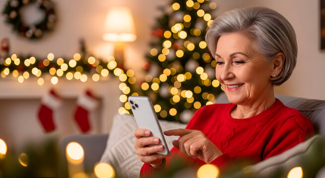 Smiling senior woman social networking with smartphone during Christmas holiday. Happy elderly female browsing online on mobile phone for online shopping.