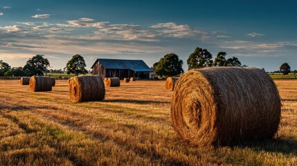 Pastoral countryside scene featuring stacked hay and a distant barn at sunset