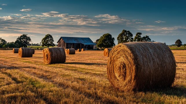 Pastoral countryside scene featuring stacked hay and a distant barn at sunset