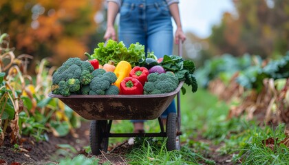 Wheelbarrow Full of Fresh Vegetables with Blue Overalls in Field during Daytime