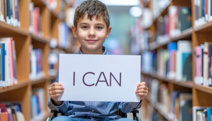 Young Boy in Wheelchair Holding I Can Sign in a Library